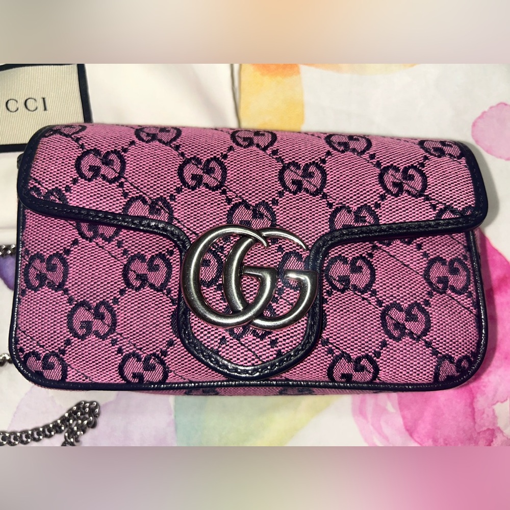 Gucci Pink and Navy GG Marmont Super Mini Bag